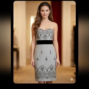 Strapless Gray Embroidered Sheath Dress with Black Waistband